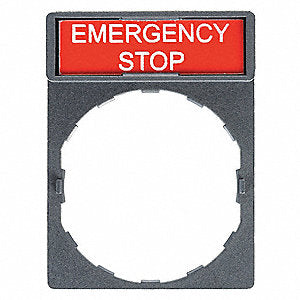 ELEC,E-STOP LEGEND PLATE,RED W/ BLACK LETTERS,FOR WEG 22MM